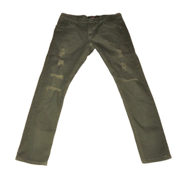 Copper Rivet Dark Olive Green Destroyed Denim Straight Style Jeans Size … - Picture 6 of 9